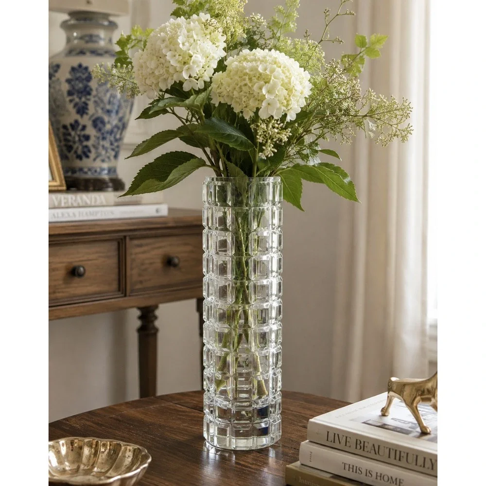 Heavy Cut Crystal Vase Tall Block Pattern Modern Geometric Art Glass Decor